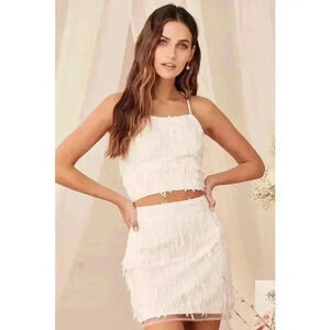 NWT Lulus Dancing in a Dream White Fringe Lace-Up Two-Piece Mini Dress M